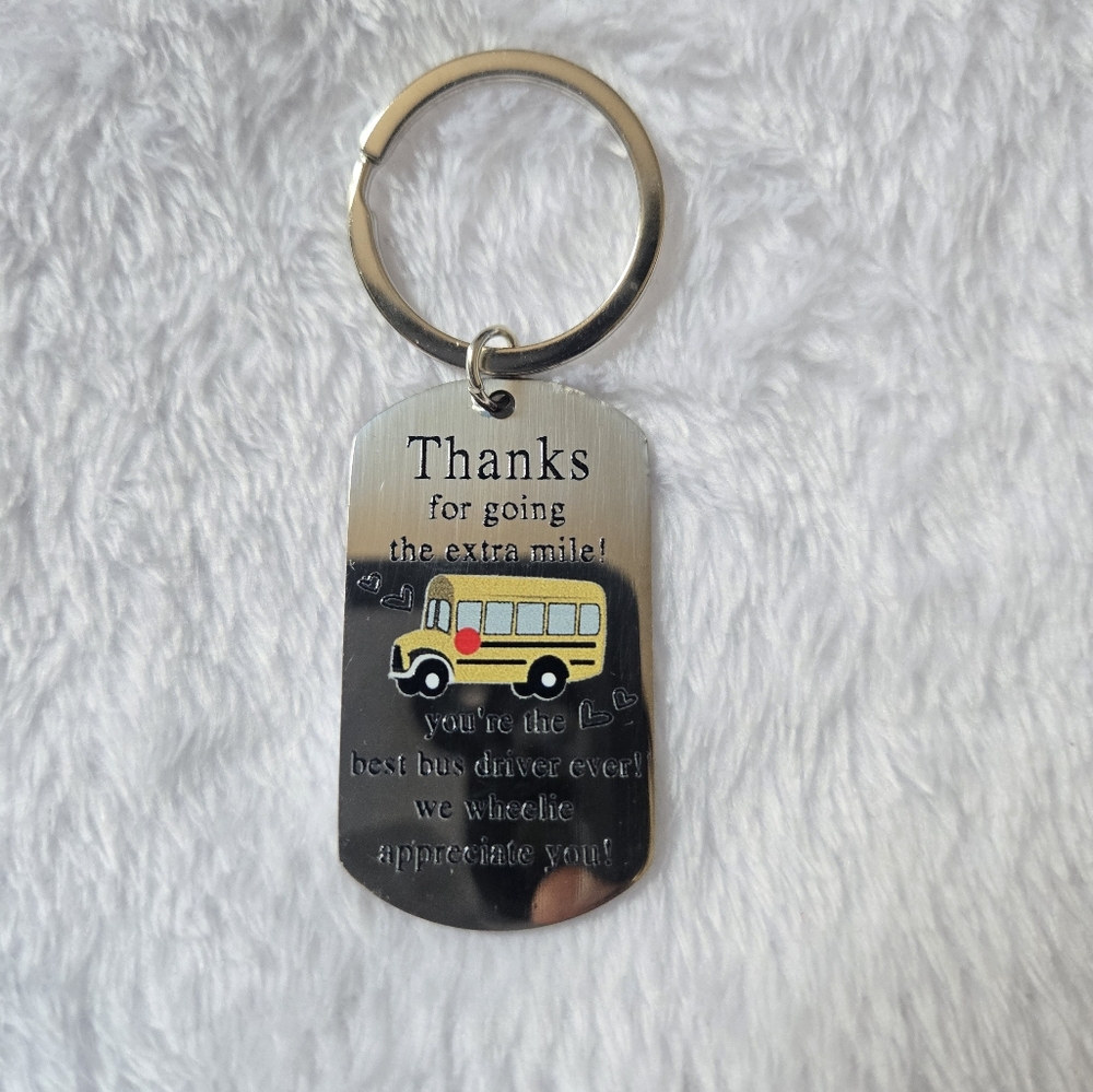 Silver Keychain with School Bus Design